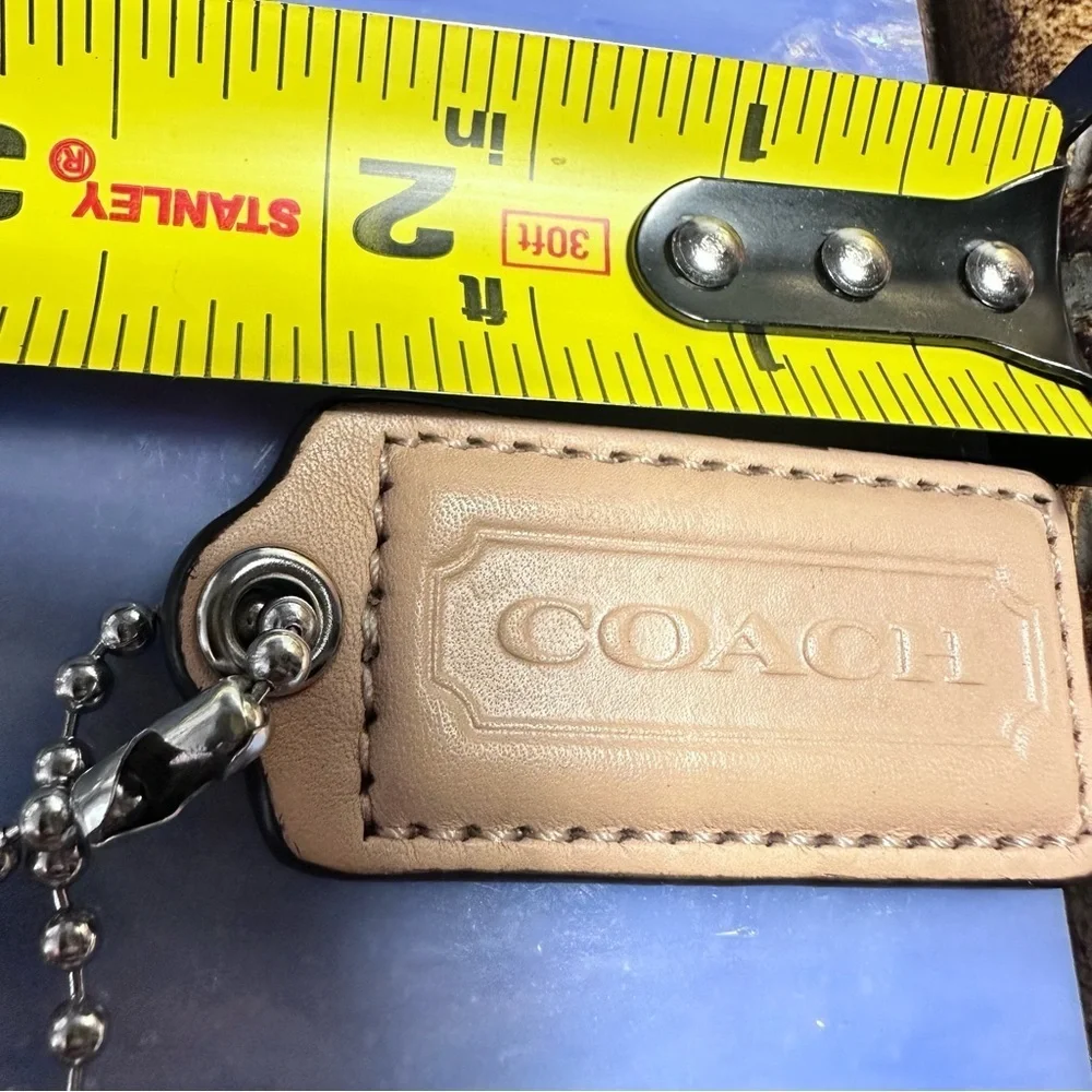 Coach Beige Leather Key Holder Logo Key Fob Keychain Silver Ball Chain Purse Tag